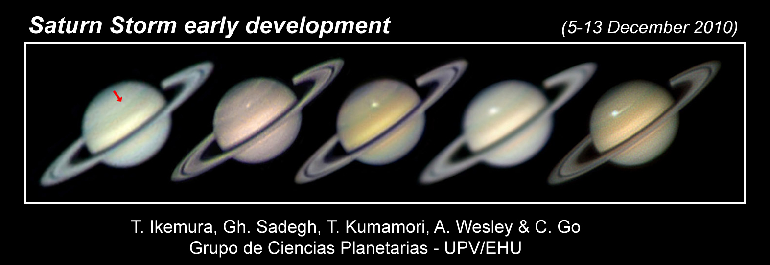 Crecimiento de la tormenta. Secuencia de imágenes que muestran el crecimiento del núcleo de la tormenta entre el 5 y el 13 de Diciembre de 2010.  © Grupo Ciencias Planetarias UPV-EHU