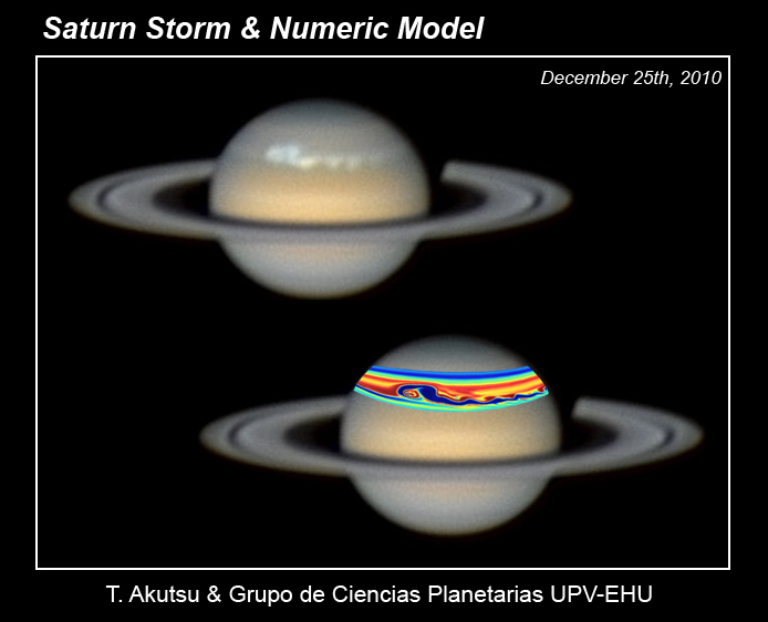 Tormenta de Saturno. Comparación entre la observación el 25 Diciembre 2010 de la tormenta en expansión y un modelo numérico de su estructura. © Grupo Ciencias Planetarias UPV-EHU