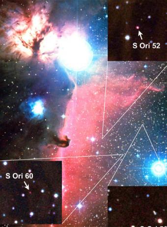 El Cúmulo de Sigma Orionis, en Orión, donde se han identificado numerosas enanas marrones. Los recuadros muestran tres objetos aislados de masa planetaria de entre 15 y 5 masas de Júpiter.- IAC