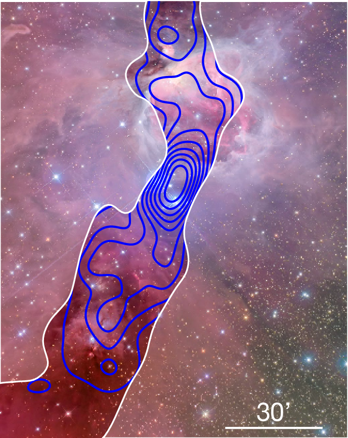 Densidad de estrellas frente a la nube. La zona ensombrecida representa el área más gruesa de la nube molecular. Puede verse claramente una acumulación centrada en Iota Ori. Créditos: Jon Christensen (fotógrafo). 