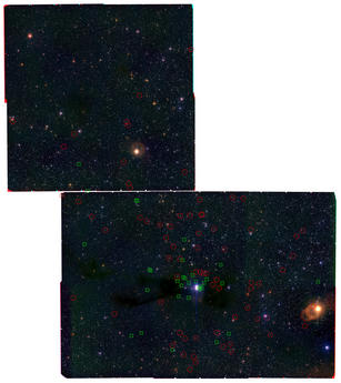 Imagen de Lupus III, una de las nubes oscuras donde se ha identificado la nueva población. La posición de las nuevas estrellas y enanas marrones está indicada con círculos rojos, mientras que los cuadrados verdesindican la localización de miembros de la región conocidos con anterioridad, y seleccionados según los mismos criterios. Créditos: F. Comerón/ESO