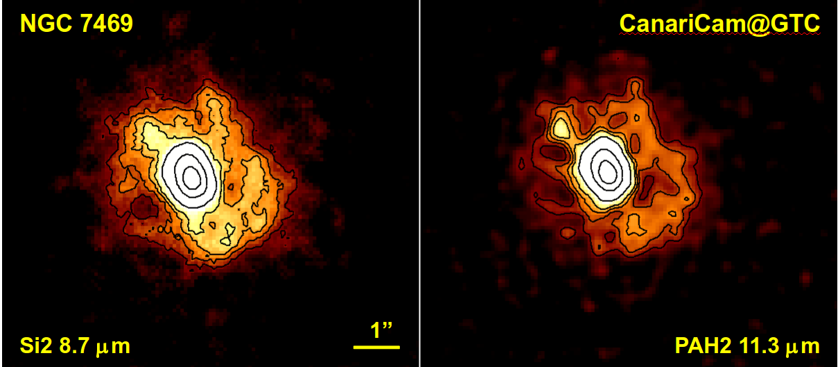 2.- Sy1 NGC 7469 visto por CanariCam:En esta imagen podemos ver la galaxia espiral barrada Sy1 NGC 7469 en dos bandas de las disponibles en el instrumento CanariCam, instalado en el Gran Telescopio Canarias (GTC). Las imágenes en el IR medio, como la que se muestran, proporcionan información del centro de la galaxia. En este caso el núcleo activo central (en blanco) está rodeado de zonas de formación estelar intensa (en amarillo). CanariCam permite realizar observaciones con mucha resolución espacial, al combinarse el tamaño del GTC (10.4 metros de diámetro) con una excelente calidad de la atmósfera en el IR medio.Créditos: CanariCam/GTC; Grupo “Los piratas”. http://www.gtc.iac.es/en/media/canaricam/NGC7469_CC_Si2-8.7_PAH2-11.3_TopHat3_Contours_Label.png