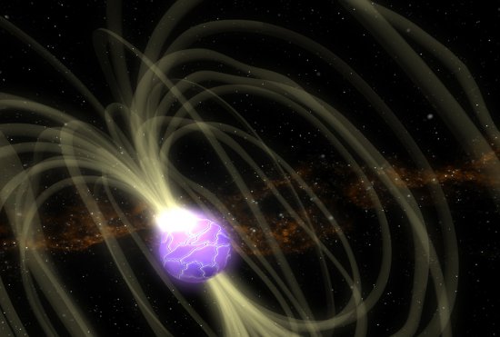 Representación artística de un magnetar que, tras el agrietamiento de su superficie, libera la energía almacenada en su potente campo magnético. Crédito: Laboratorio de imágenes conceptuales del Centro Goddard para Vuelos Espaciales de la NASA.