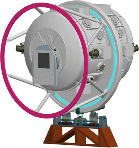 Modelo 3D de EMIR: Se observa el aspecto externo del criostato, la unión al rotador Nasmyth y el apoyo a la plataforma Nasmyth del telescopio.