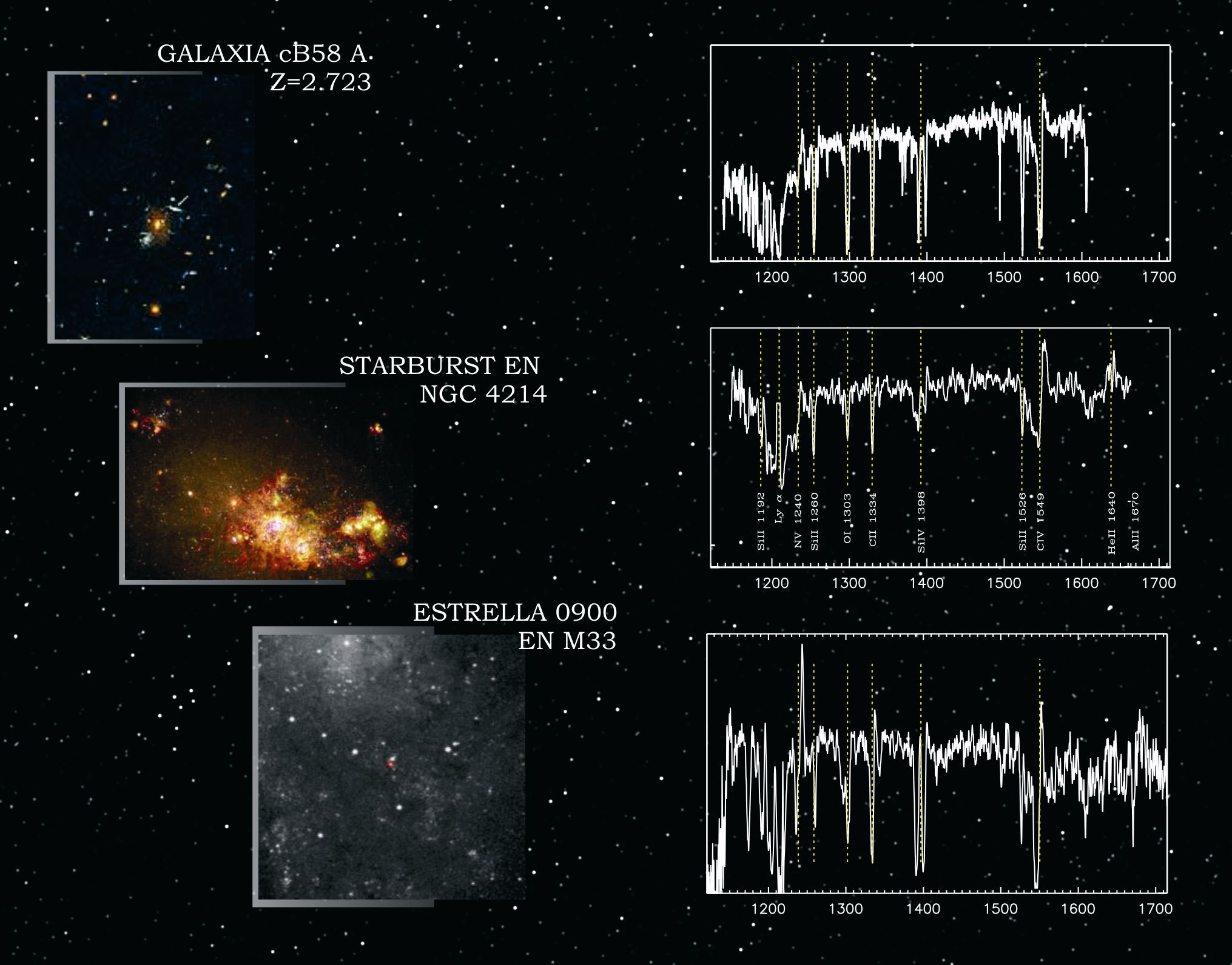 Comparación del espectro de una galaxia lejana, una galaxia cercana con formación estelar y una estrella masiva en M33. Obsérvese como los rasgos se repiten, indicando que el espectro de las galaxias está dominado por el de estrellas masivas. El espectro de la galaxia lejana fue observado en la Tierra en longitudes de onda del visible.