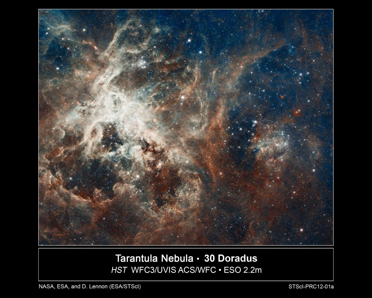 Nebulosa de la T. 30 Doradus. NASA, ESA, D. Lennon and E. Sabbi (ESA/STScI), J. Anderson, S. E. de Mink, R. van der Marel, T. Sohn, and N. Walborn (STScI), N. Bastian (Excellence Cluster, Munich), L. Bedin (INAF, Padua), E. Bressert (ESO), P. Crowther.