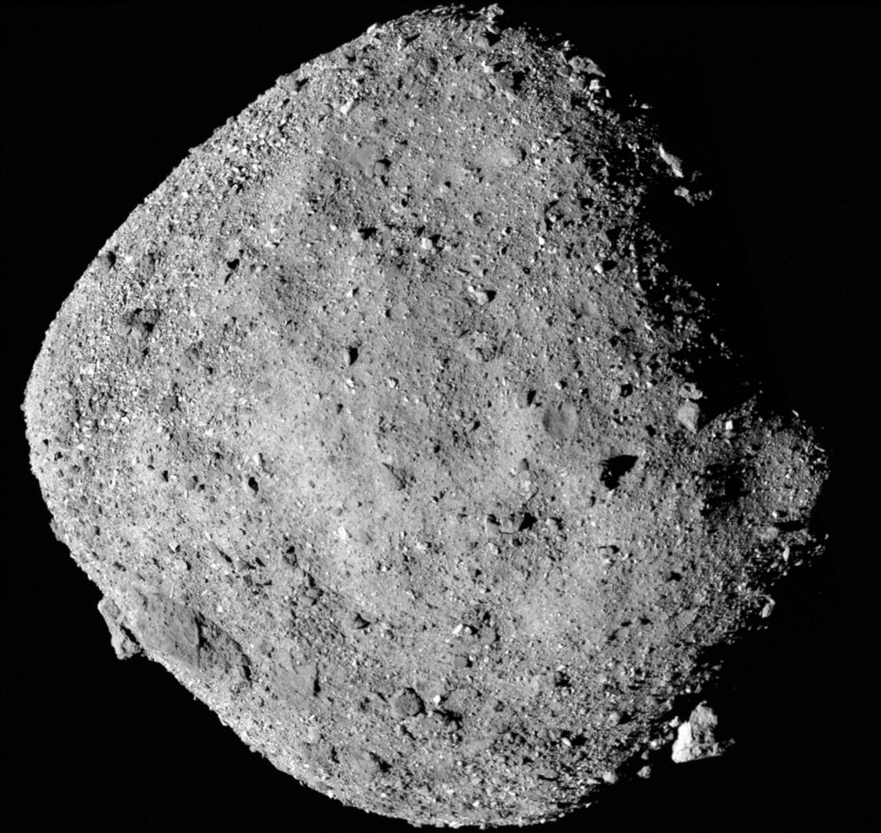 Mosaic image of asteroid Bennu composed of 12 PolyCam images collected on December 2, 2018 by the OSIRIS-REx spacecraft from a distance of 24 km. Credit: NASA/Goddard/University of Arizona.