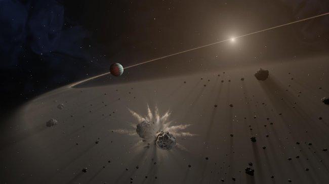 Representación artística de un disco de polvo y fragmentos planetarios en torno a una estrella. Crédito: NASA/JPL-Caltech.